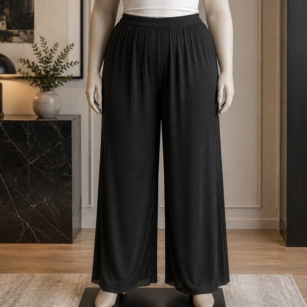 Cider Womens Pants Black Ribbed Wide Leg Elastic Waist Plus Size 3XL